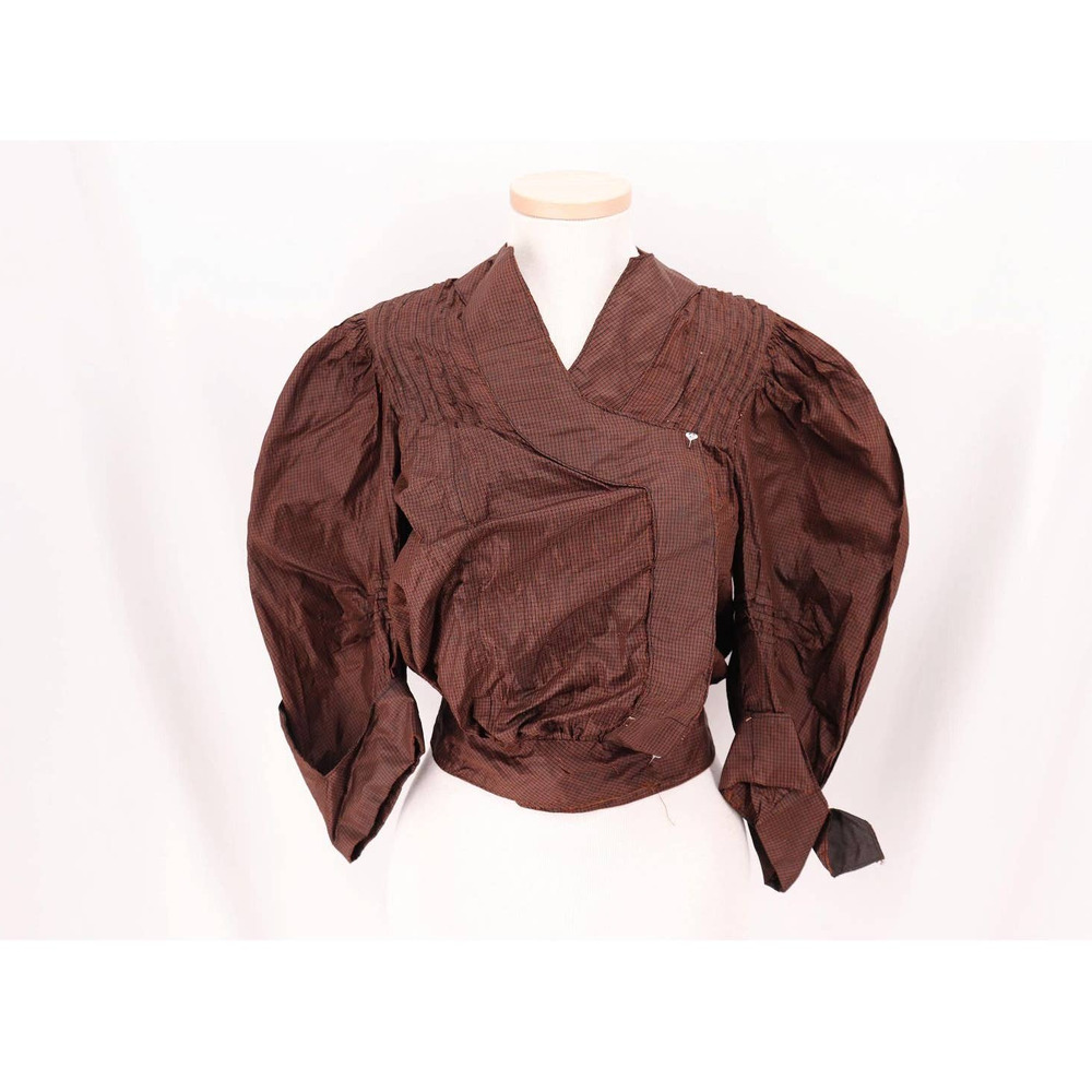 Antique Edwardian Brown Plaid Silk Wrap Bodice Top 1890s -1910s Early 1900s